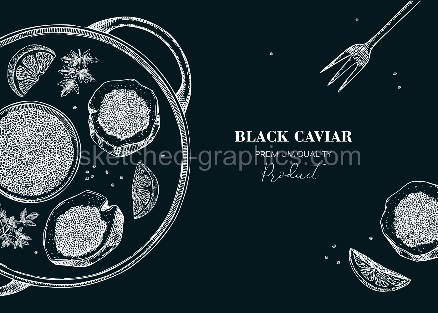 Hand drawn tray with black caviar canape with lemons and spices banner design on chalkboard. Canned seafood sketches. Vector illustration in vintage style. Illustration